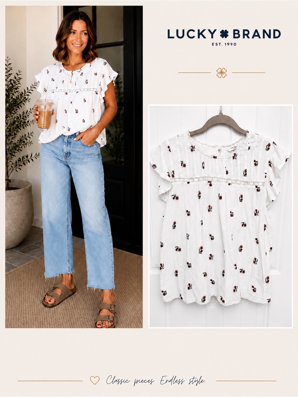 NWOT Lucky Brand White Floral Flutter Sleeve Peasant Blouse